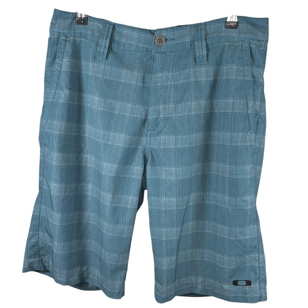 Oakley Mens Teal Blue Plaid Board Shorts Hybrid Stretch Size 31